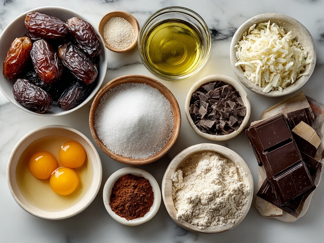 Top-down view of raw ingredients for Chocolate Date Bark including chocolate chips, chopped dates, nuts, vanilla extract, sea salt, and optional shredded coconut or cacao nibs