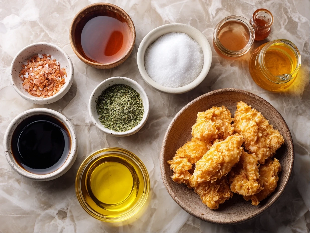 Top down view of raw ingredients for Crispy Chicken Tenders laid out on a table