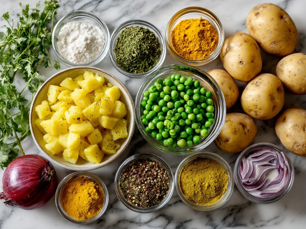 Top down raw ingredients for Crockpot Potato Pea Curry including potatoes, peas, onions, tomatoes, coconut milk, and spices