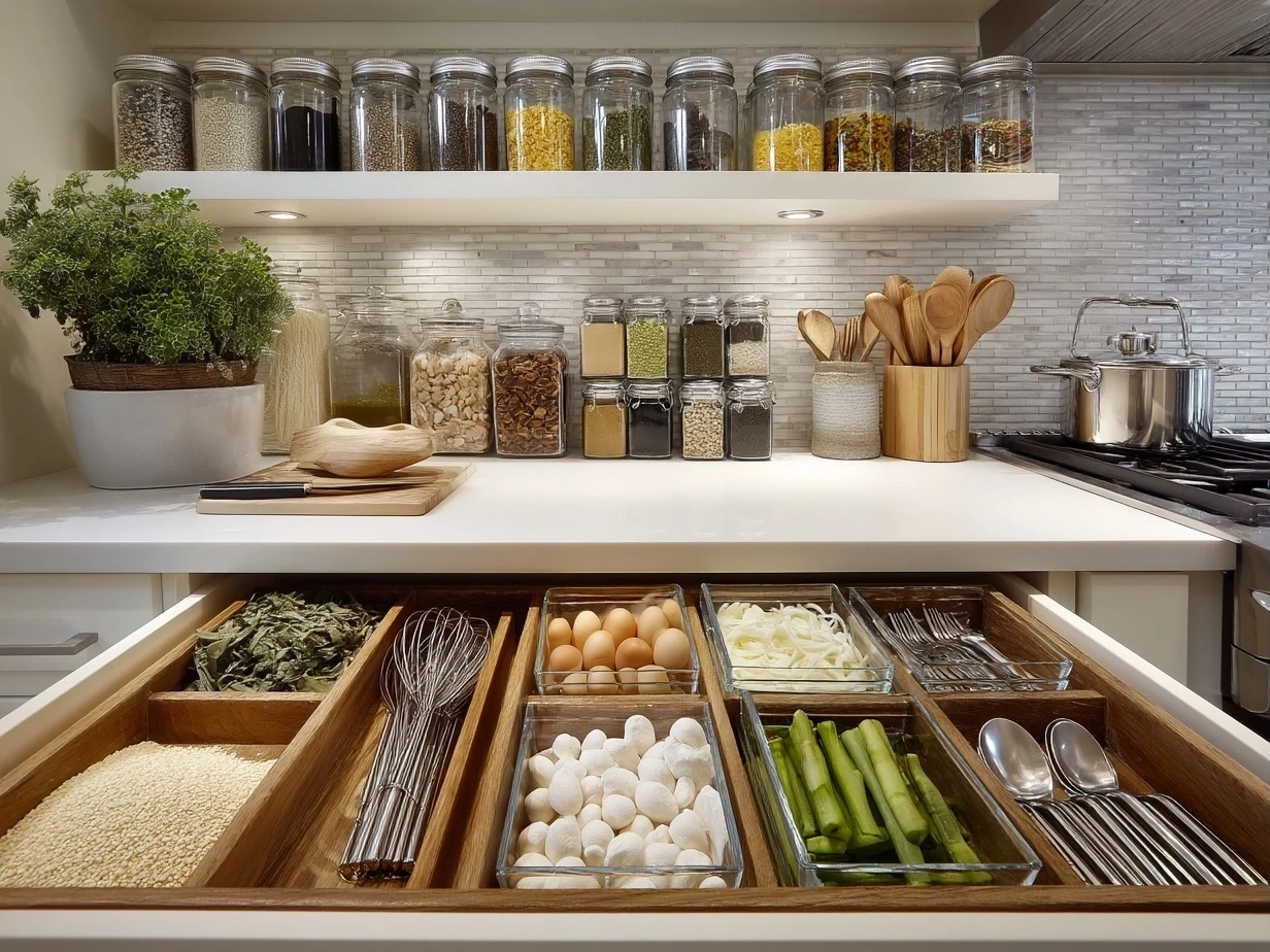 Top-down view of raw ingredients for Fettuccine Alfredo with Chicken and Sundried Tomatoes on marble surface
