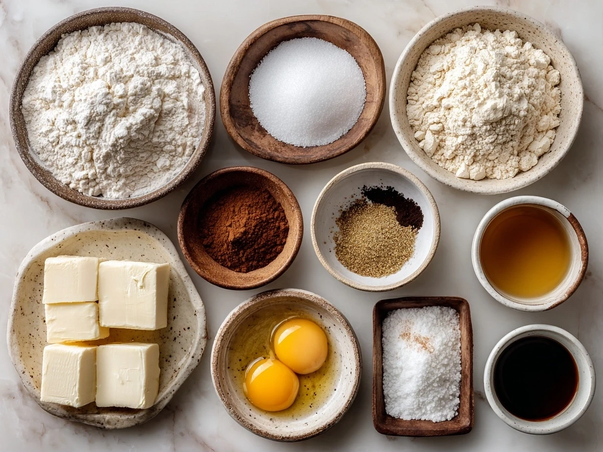 Raw ingredients for French toast bake laid out on marble surface