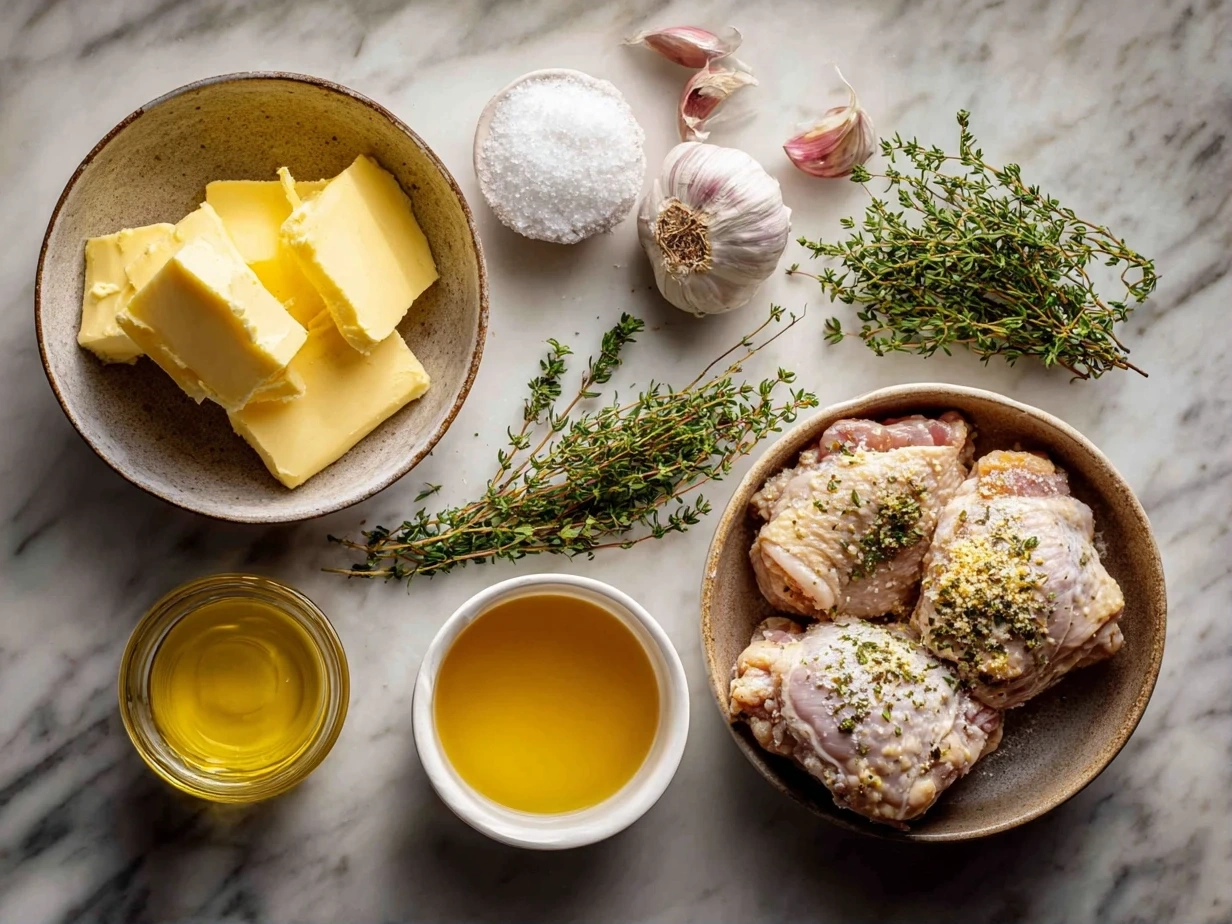 Top down view of raw ingredients for Garlic Butter Chicken Thigh Skillet including chicken thighs, garlic, butter, and herbs