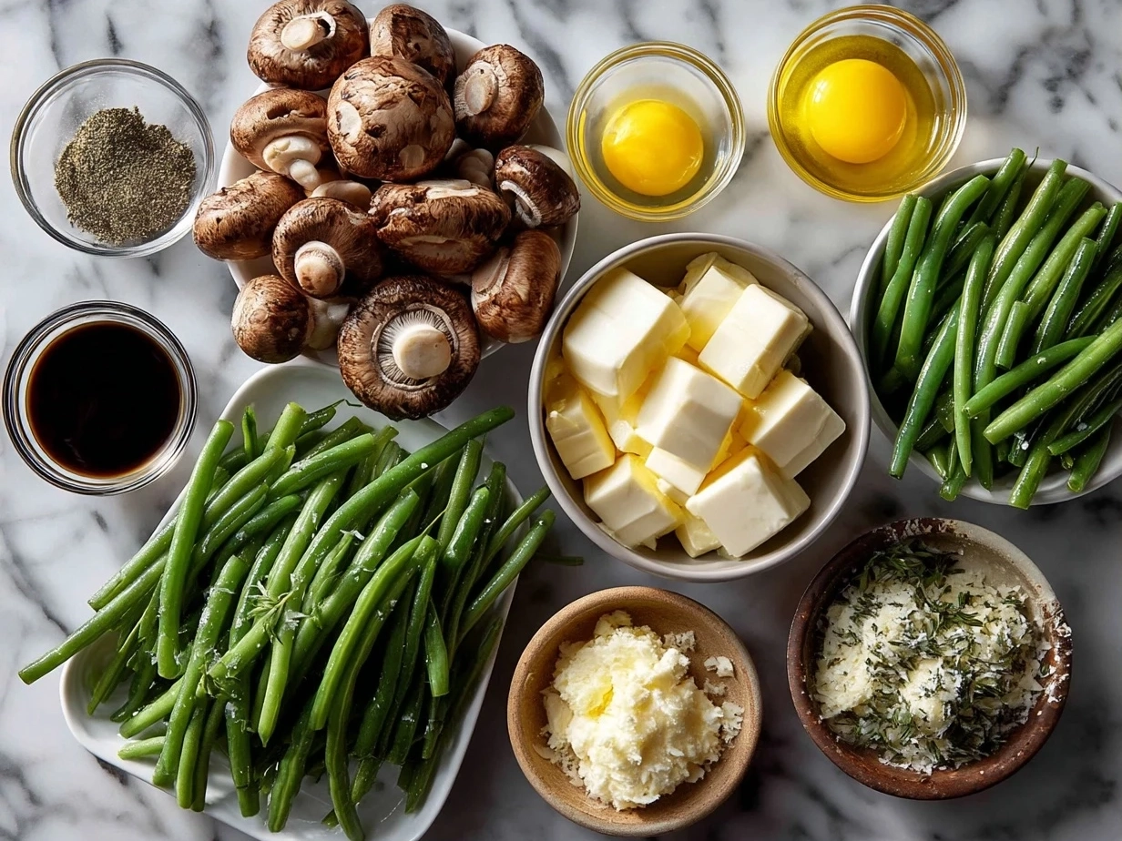 Top-down raw ingredients for garlic butter sautéed green beans and mushrooms on marble, modern kitchen organized mise en place