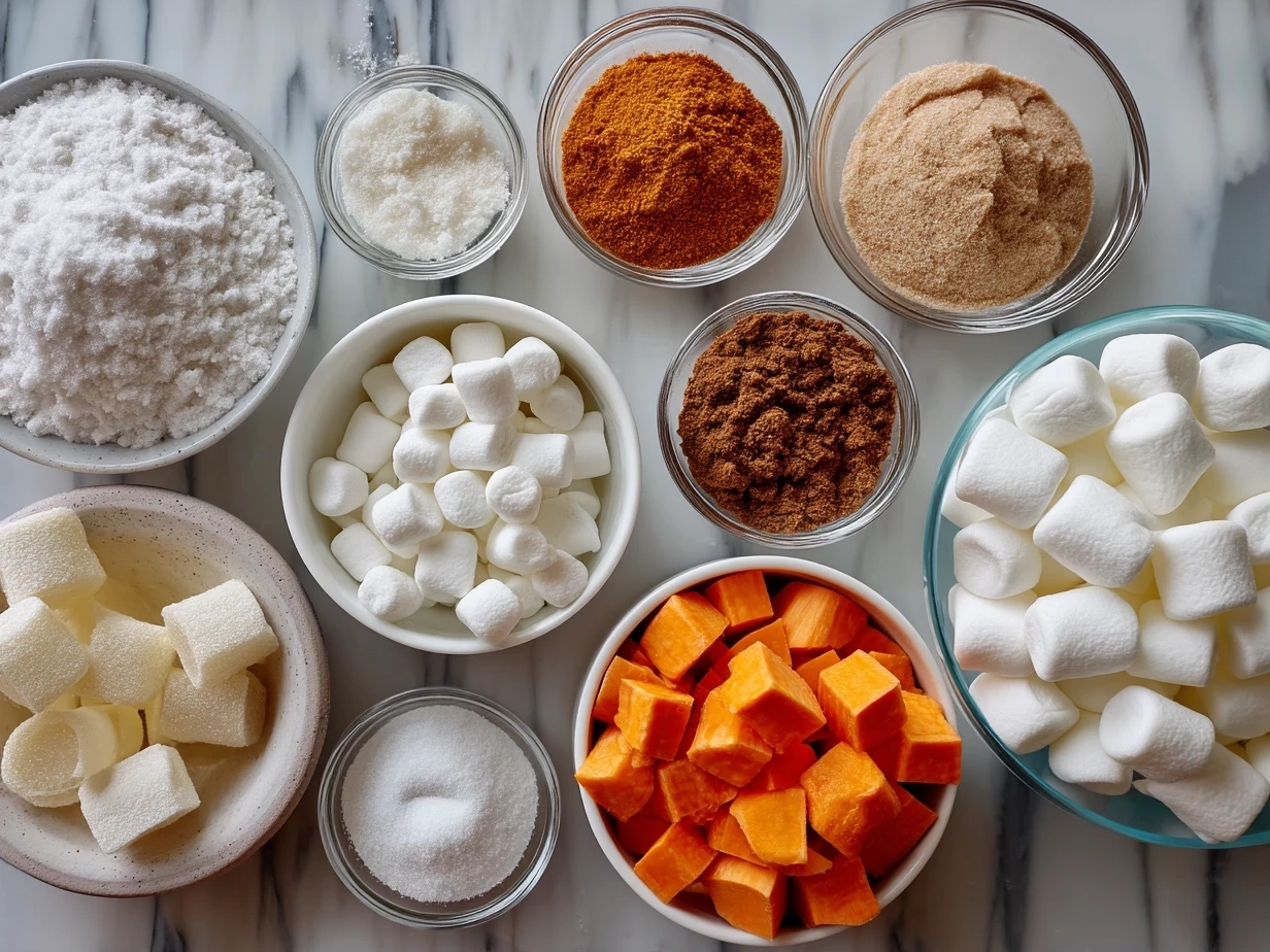 Top down view of raw ingredients for Glazed Candied Sweet Potatoes With Marshmallows