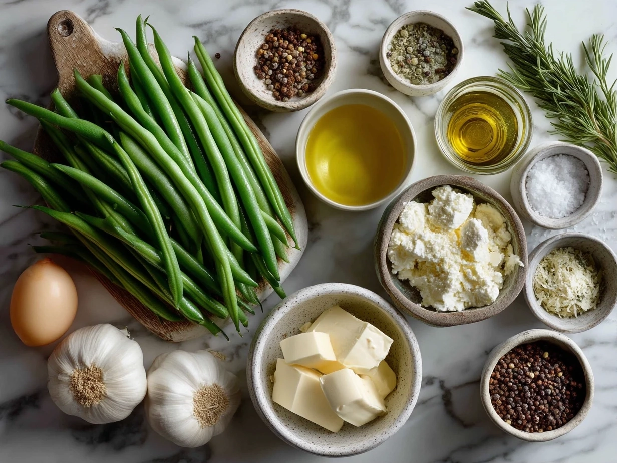Fresh green beans, garlic cloves, olive oil, lemon and nuts on a marble surface