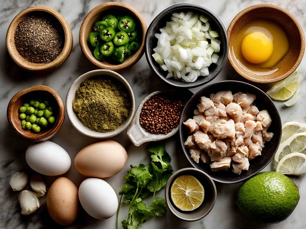 Raw ingredients for Green Chicken Chili arranged on marble countertop in an organized mise en place