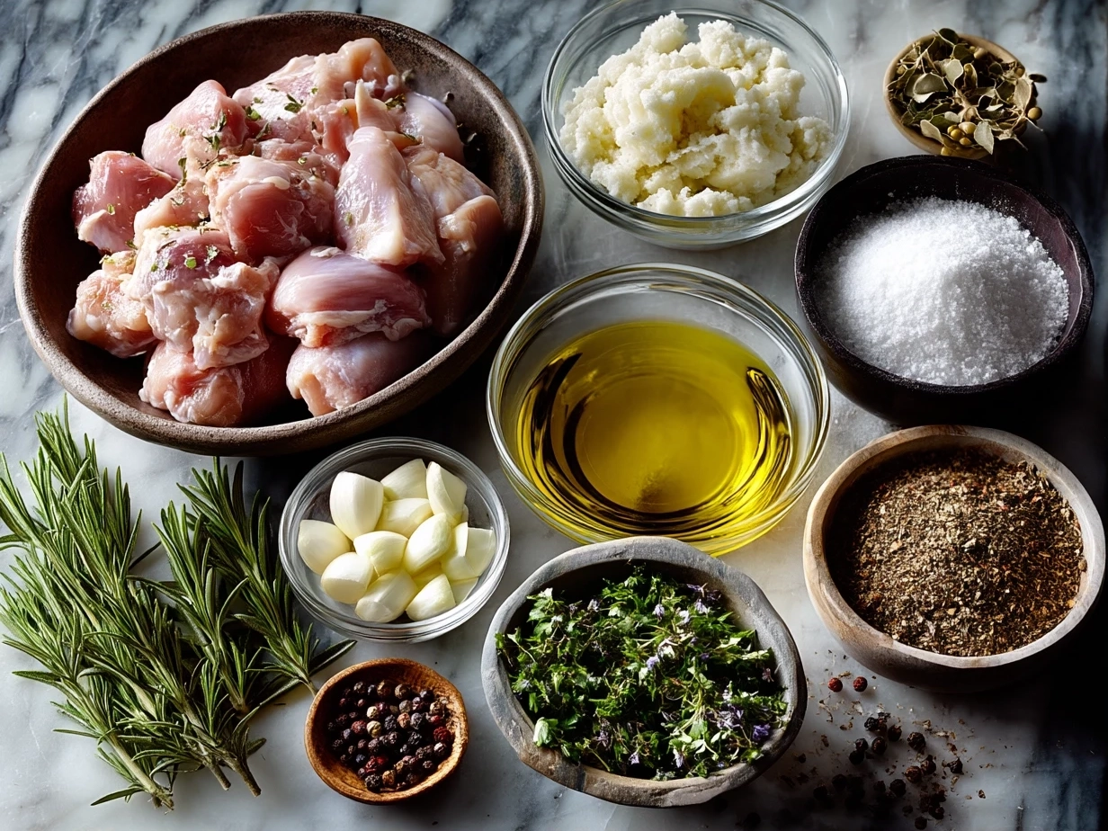 Top-down view of raw ingredients for grilled BBQ boneless chicken thighs
