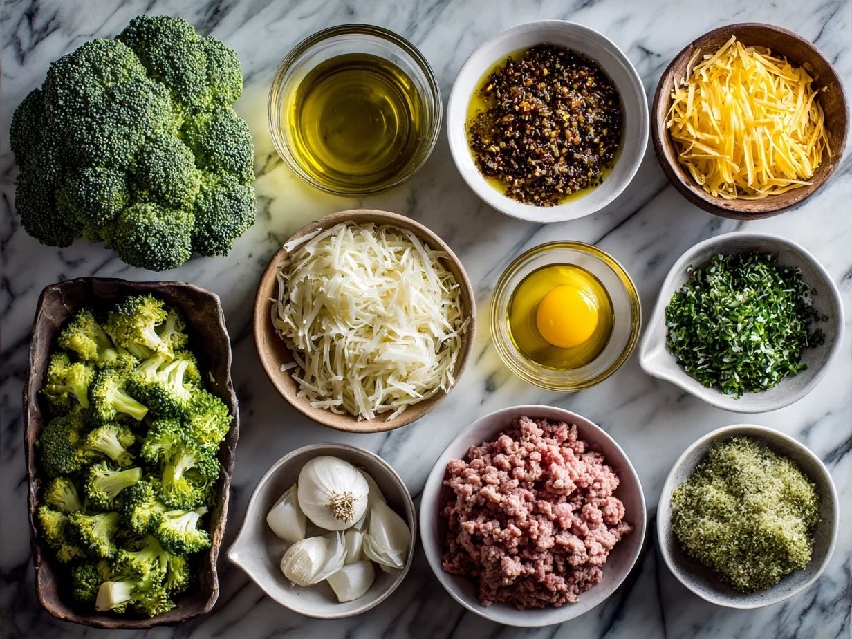 Top-down view of raw ingredients for ground turkey broccoli pasta including ground turkey, broccoli, pasta, and seasonings
