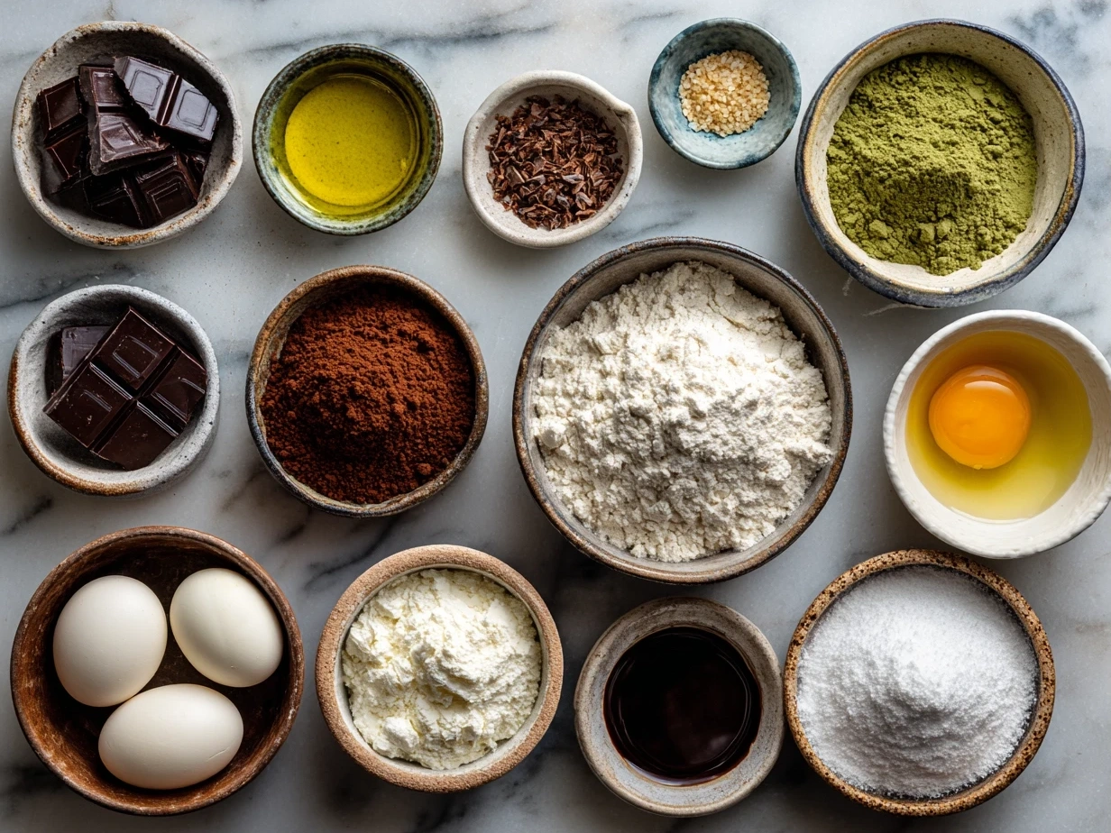 Raw ingredients for Hidden Heart Chocolate Loaf Cake neatly arranged