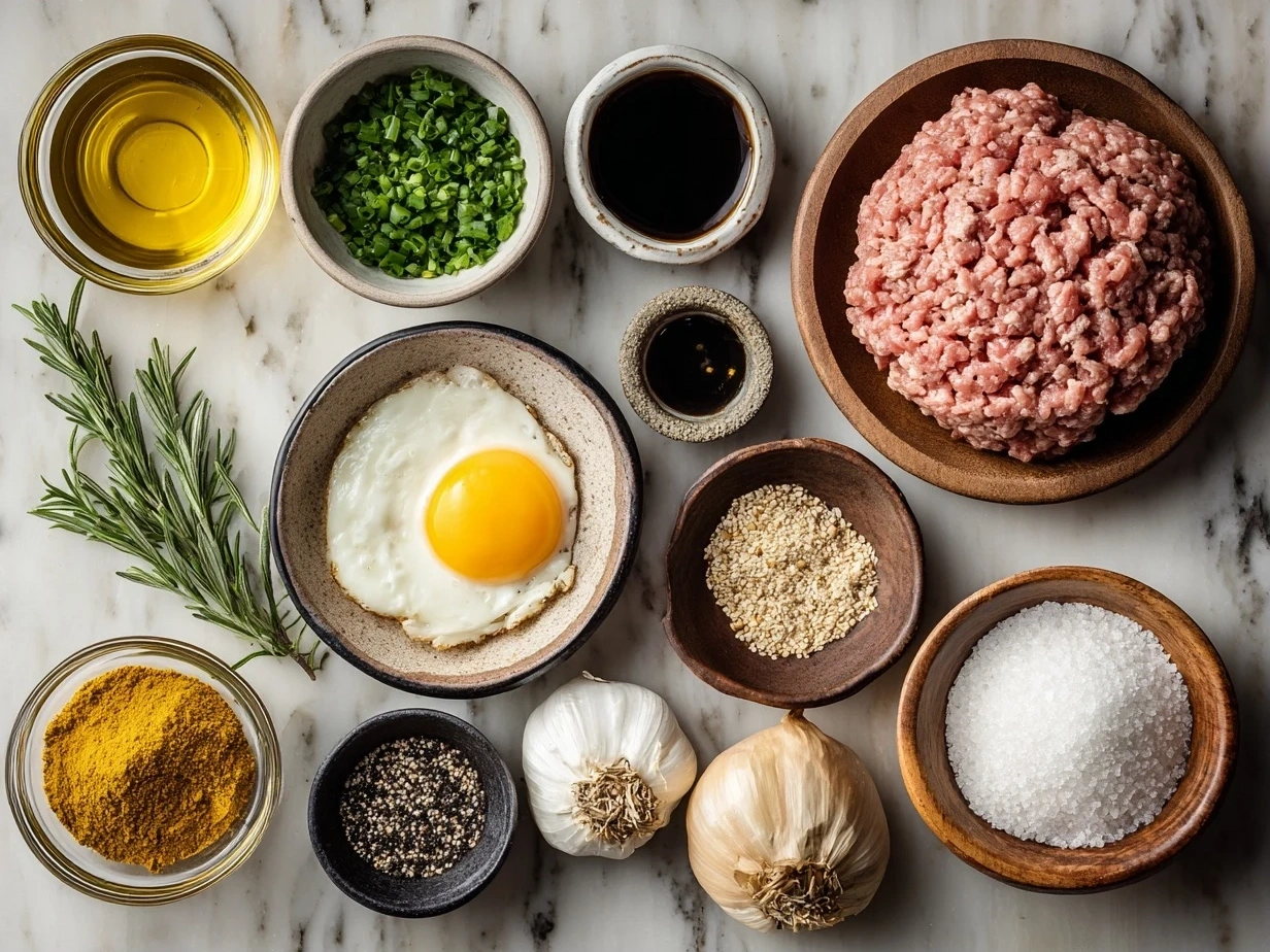 Top down view of raw ingredients for Honey Garlic Ground Turkey on marble surface