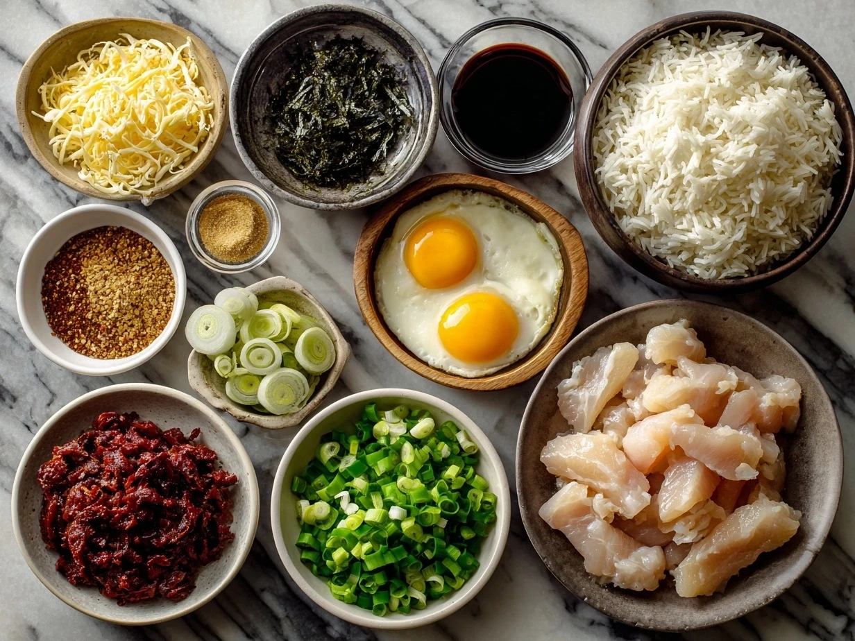 Top-down view of raw ingredients for Japanese Katsu Bowls including pork, panko breading, eggs, rice, and tonkatsu sauce