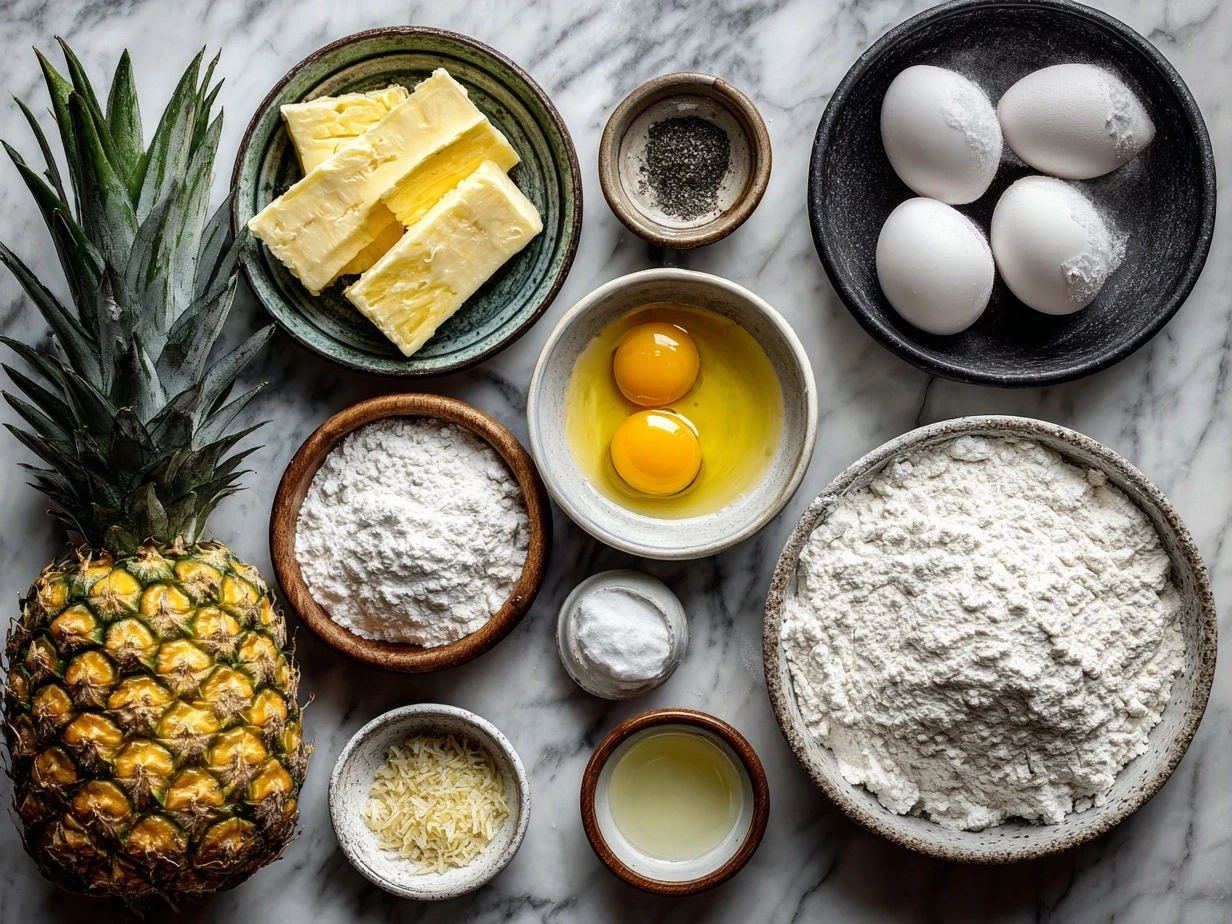 Ingredients arranged for Juicy Pineapple Cake including butter, sugar, eggs, flour and fresh pineapple chunks