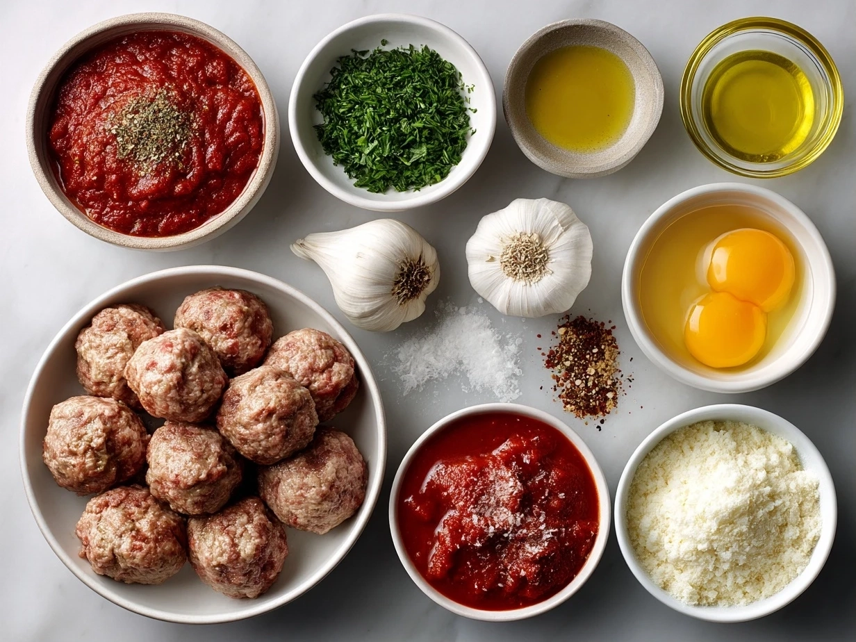 Raw ingredients for Keto Italian Meatballs with Marinara Sauce laid out on marble countertop, organized for easy meal prep.