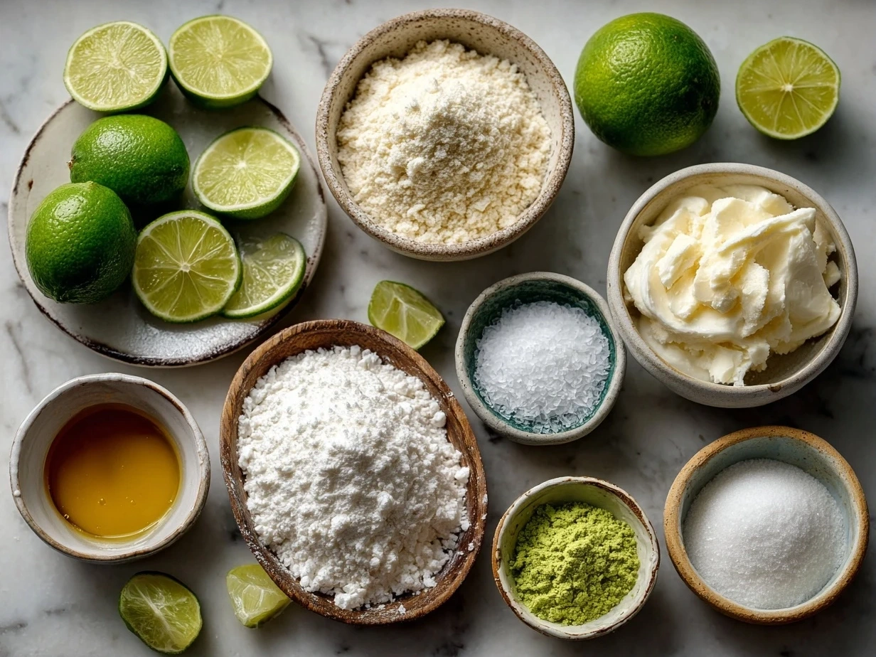 Top-down view of raw ingredients for Key Lime Pie including graham cracker crumbs, butter, sugar, eggs, lime juice, and zest