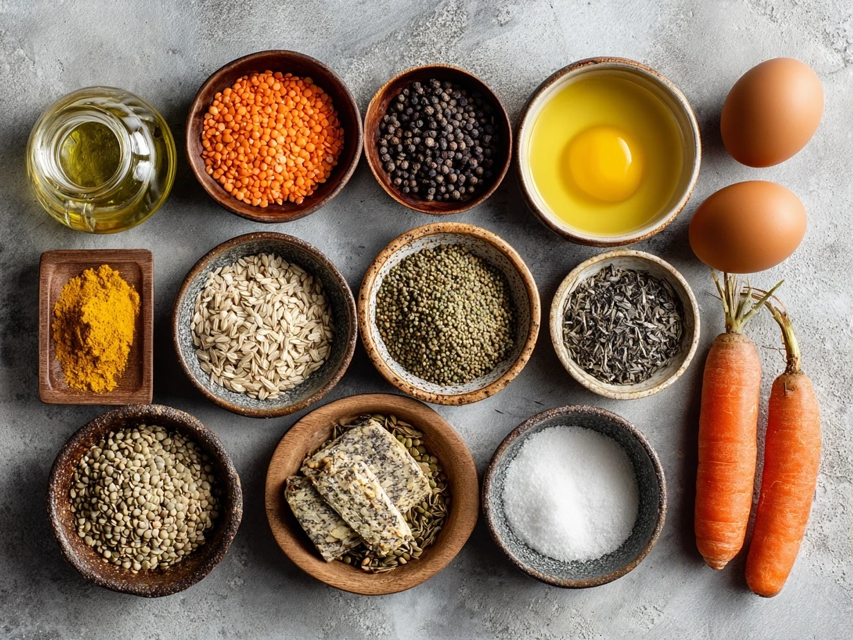 Top-down view of raw ingredients for lentil burgers on marble surface
