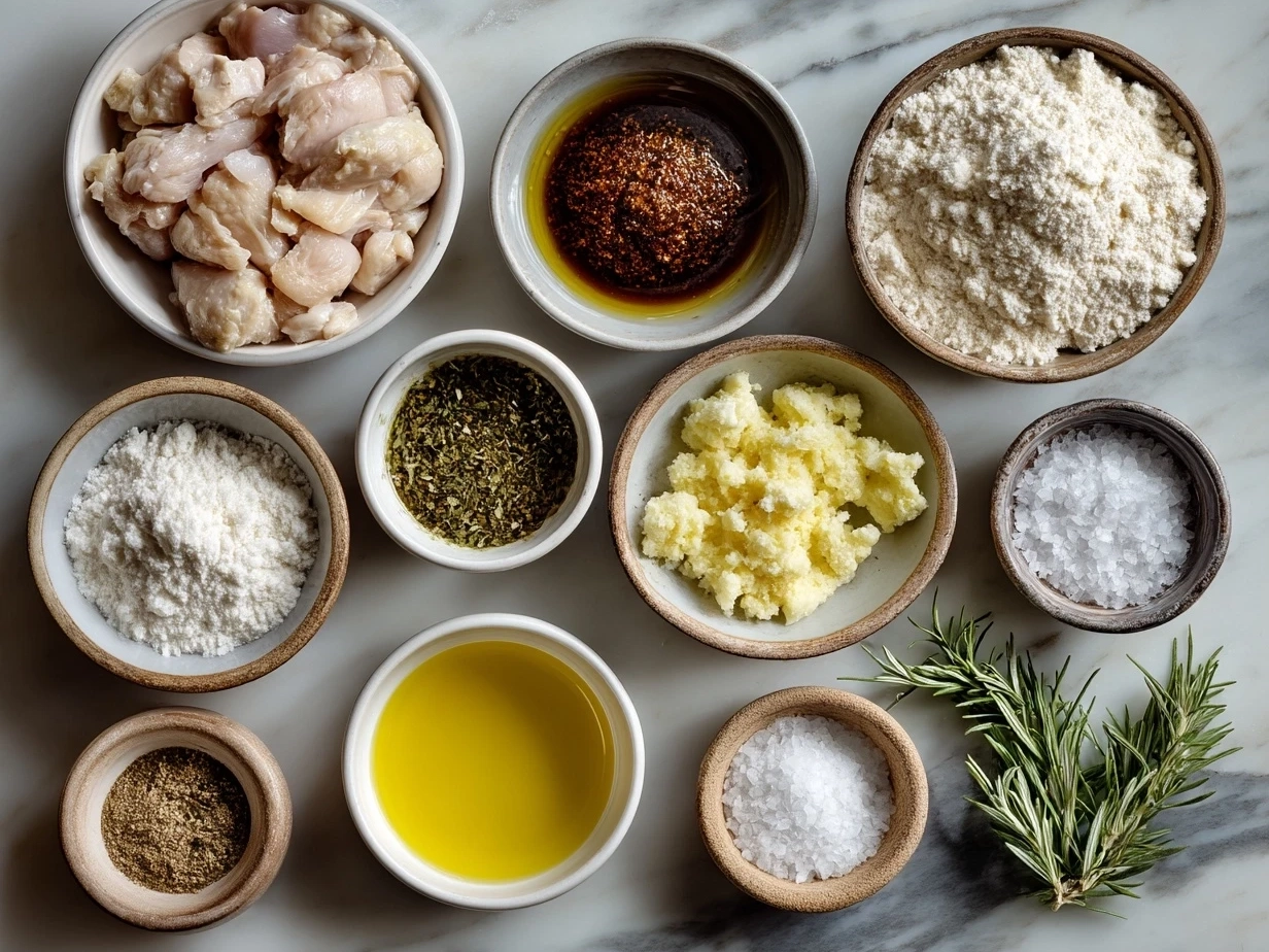 Top-down raw ingredients for low carb chicken casserole on marble kitchen counter, neatly organized for meal prep