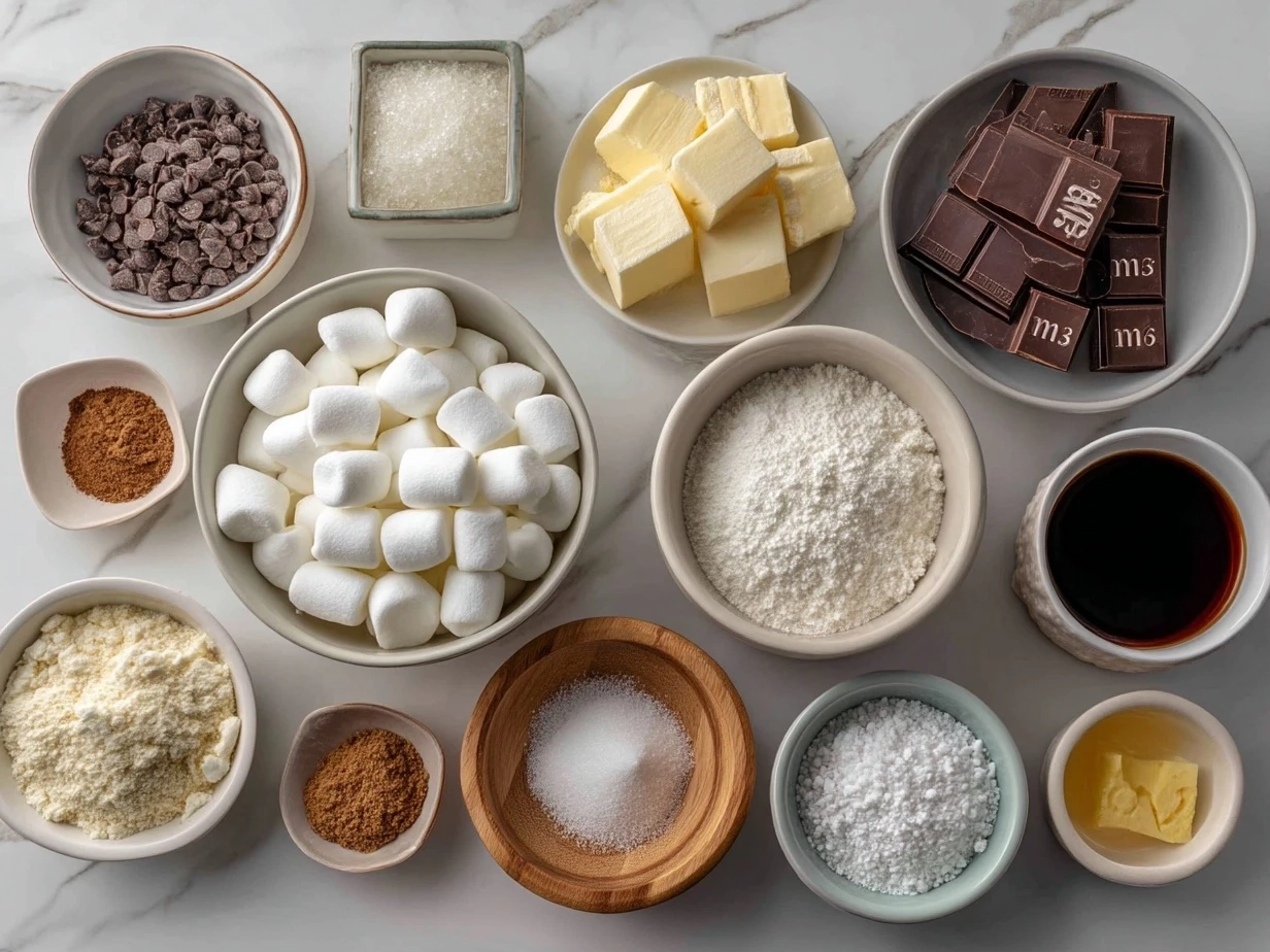 Top down view of raw ingredients for Marshmallow Snowman Treats on a marble surface