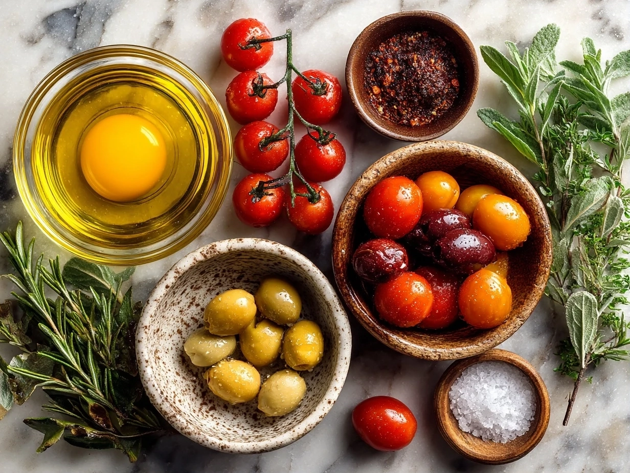 Top-down raw ingredients for Mediterranean olive cherry tomato on marble, modern kitchen organized mise en place