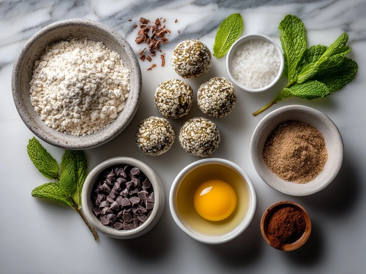 Top down view of raw ingredients for Mint Chocolate Chip Protein Balls on marble surface
