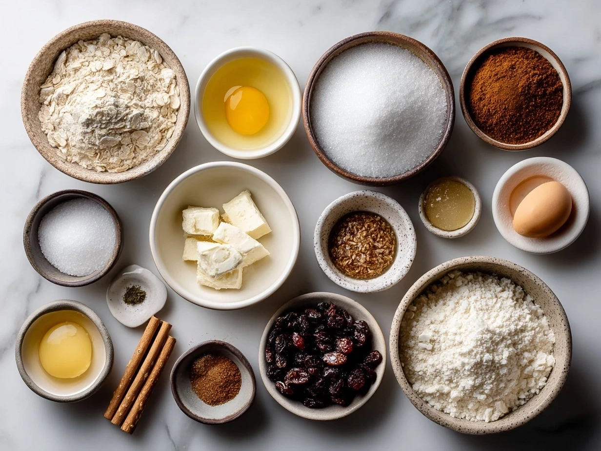 Top down view of raw ingredients for no-bake Christmas pretzel sticks on marble surface