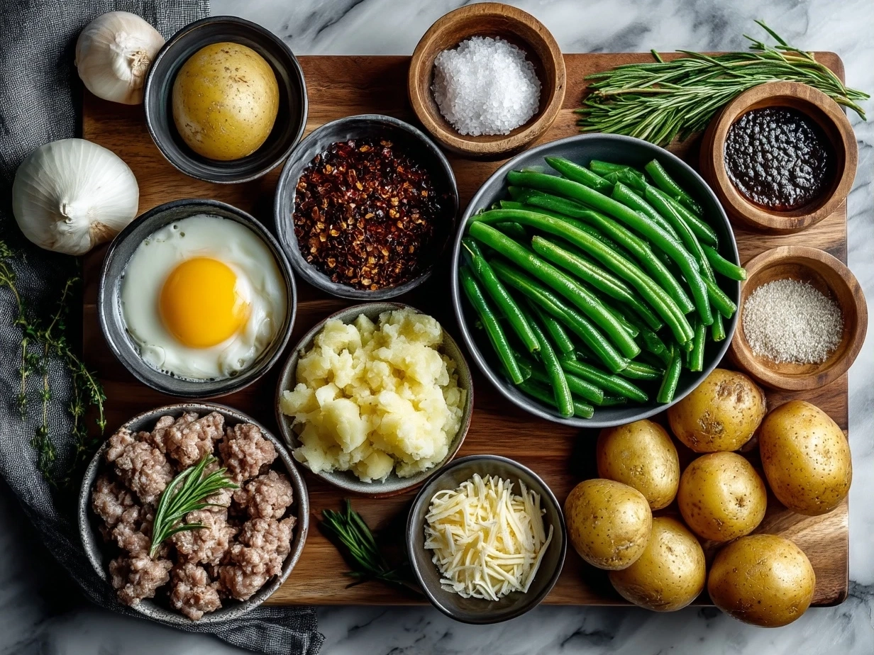 Raw ingredients arranged for One Pan Sausage Green Beans and Potatoes on a marble surface