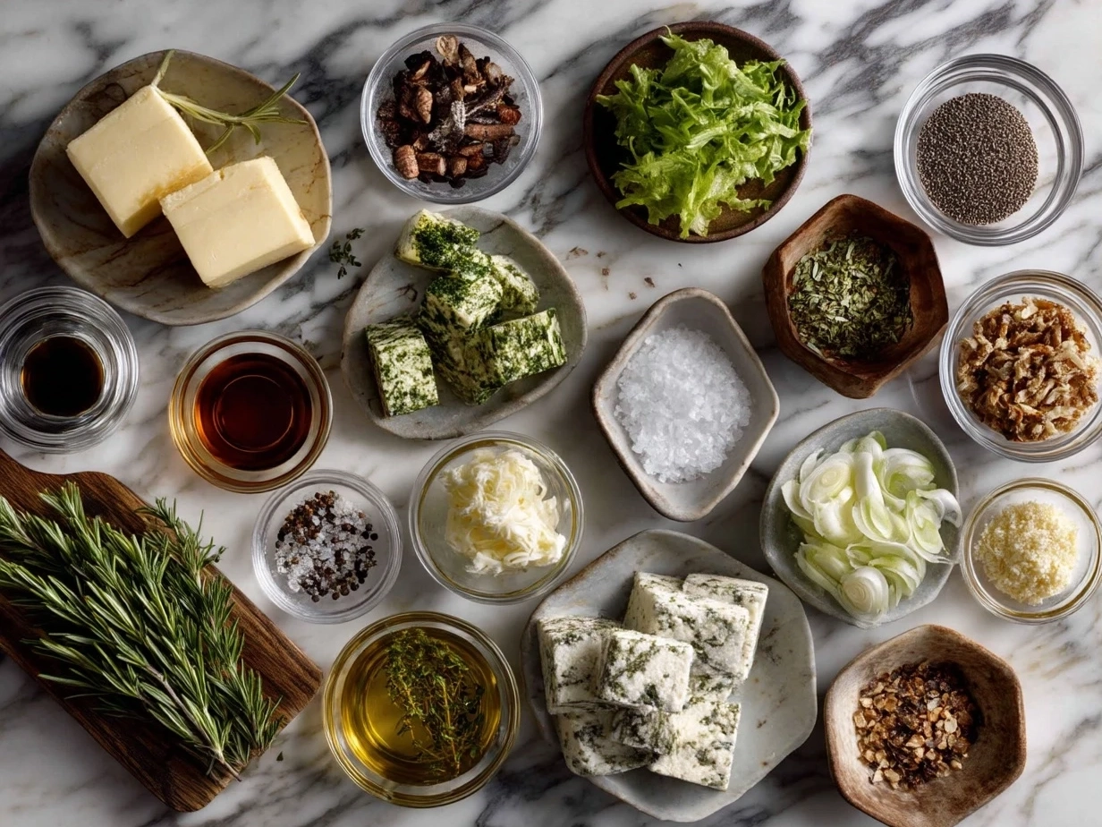Top-down view of raw ingredients for Ordourves Appetizers laid out on a marble surface with modern kitchen organized mise en place.