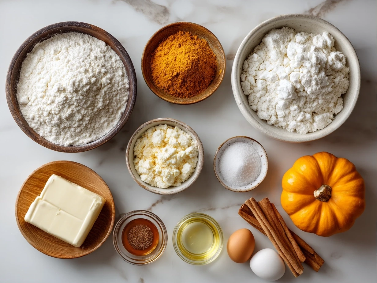 Raw ingredients for Pumpkin Cornbread with Cinnamon Honey Butter laid out clearly on a kitchen surface