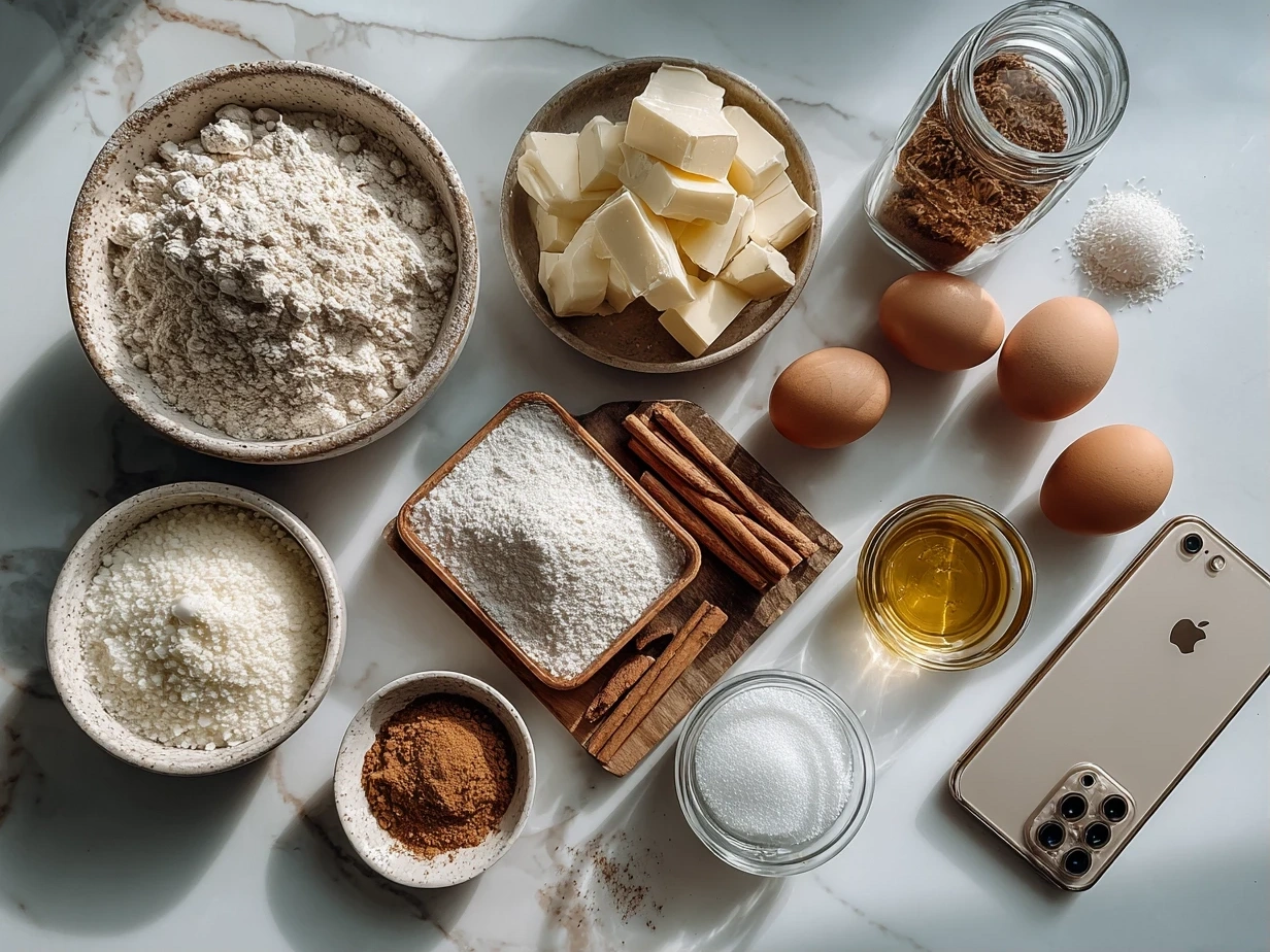 Top-down view of raw ingredients for Pumpkin Fluff displayed on marble surface including pumpkin puree, cream cheese, powdered sugar, cinnamon, nutmeg, and whipped topping
