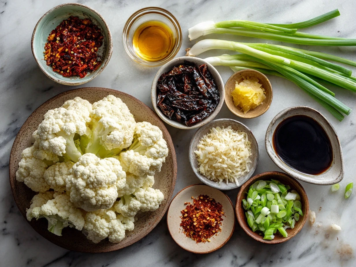Top-down view of raw ingredients for Spicy Korean Cauliflower on a marble surface