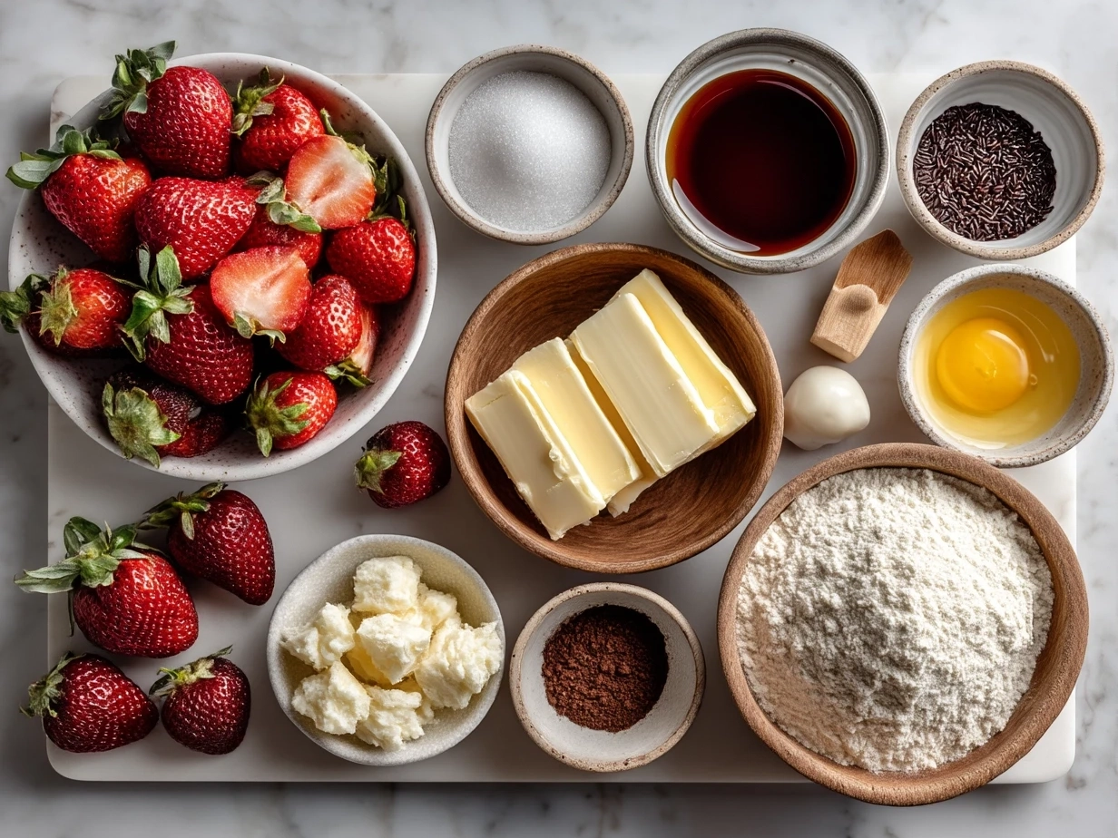 Ingredients laid out for making Strawberry Cheesecake Stuffed Cookies including flour, butter, cream cheese, and fresh strawberries