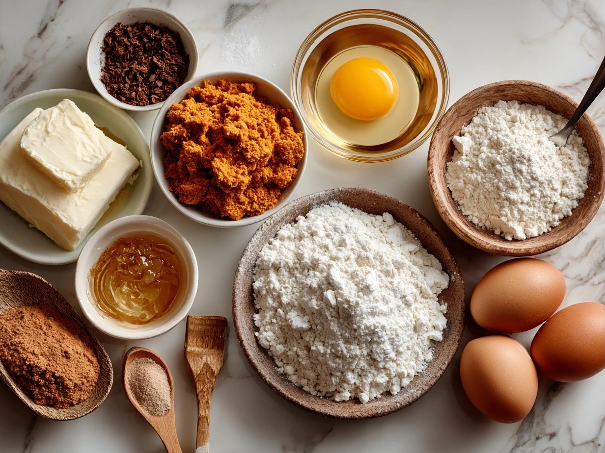 Raw ingredients for Sweet Potato Pancakes laid out from above