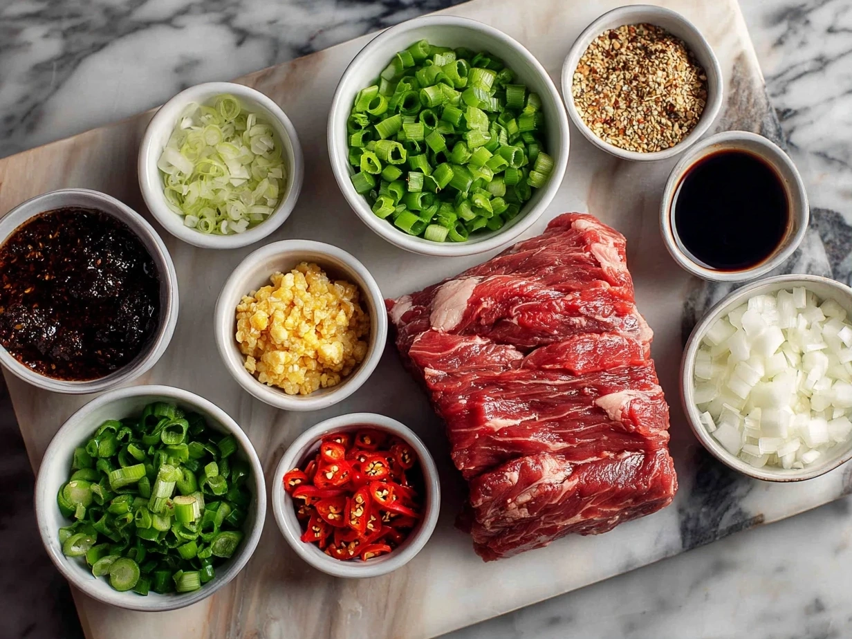 Top-down raw ingredients for Szechuan beef on marble surface