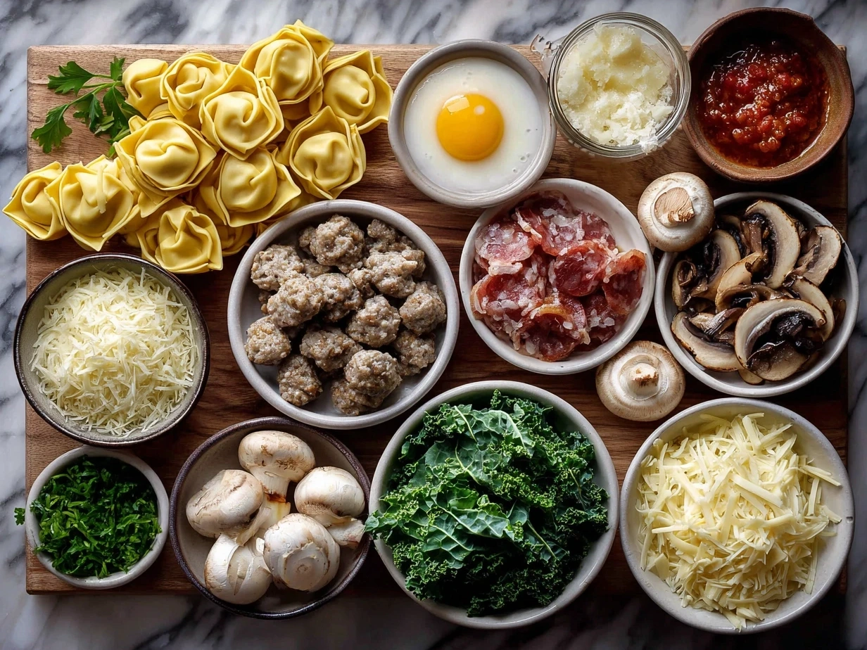 Top down view of raw ingredients for Tortellini Soup with Sausage and Kale: Italian sausage, kale, tortellini, onion, garlic and tomatoes