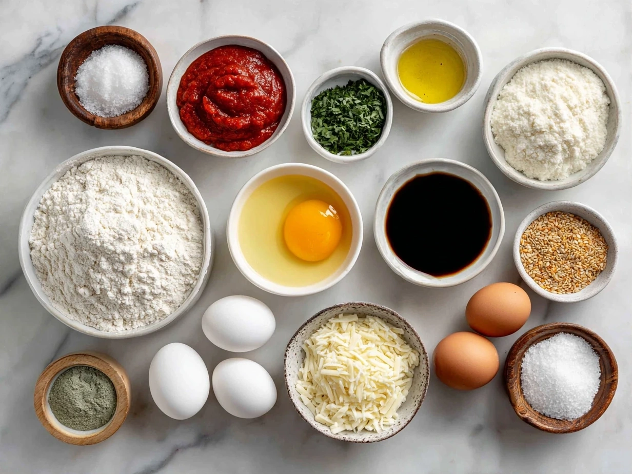 Top-down view of raw ingredients for making Touchdown Calzones including flour, cheeses, sausage, spinach, and seasonings
