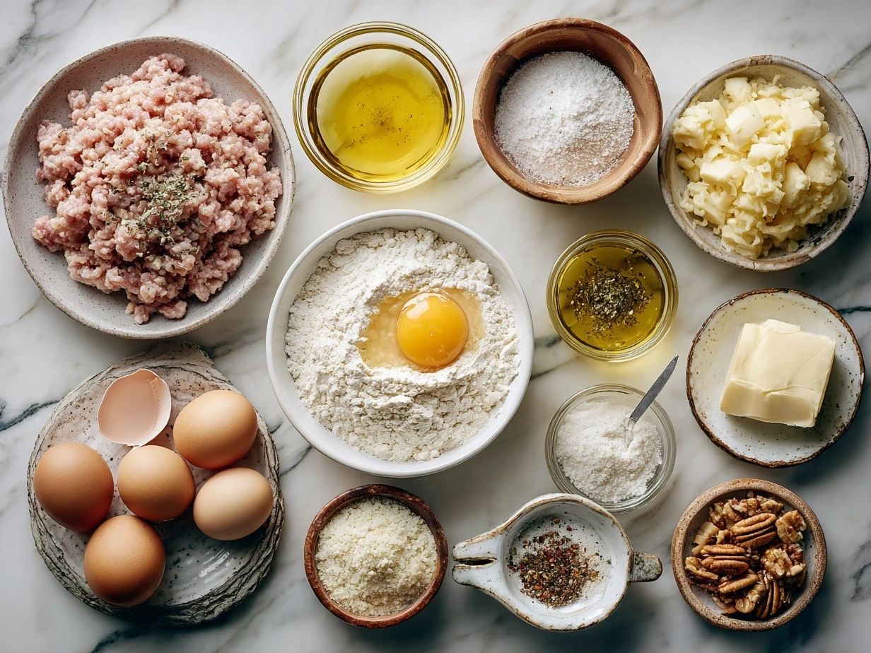 Raw ingredients for Turkey Stroganoff carefully arranged on a countertop
