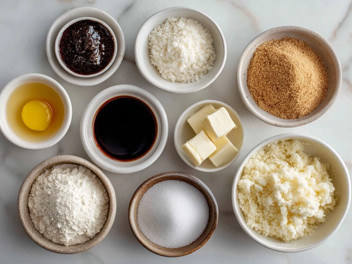 Top-down view of raw ingredients for Vanilla Bean Creme Brulee Cheesecake Cupcakes arranged neatly on a marble countertop