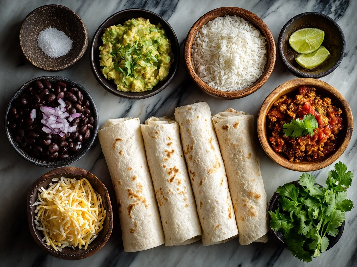 Top down view of raw ingredients for Vegan Burrito Wraps including vegetables, beans, grains, and spices