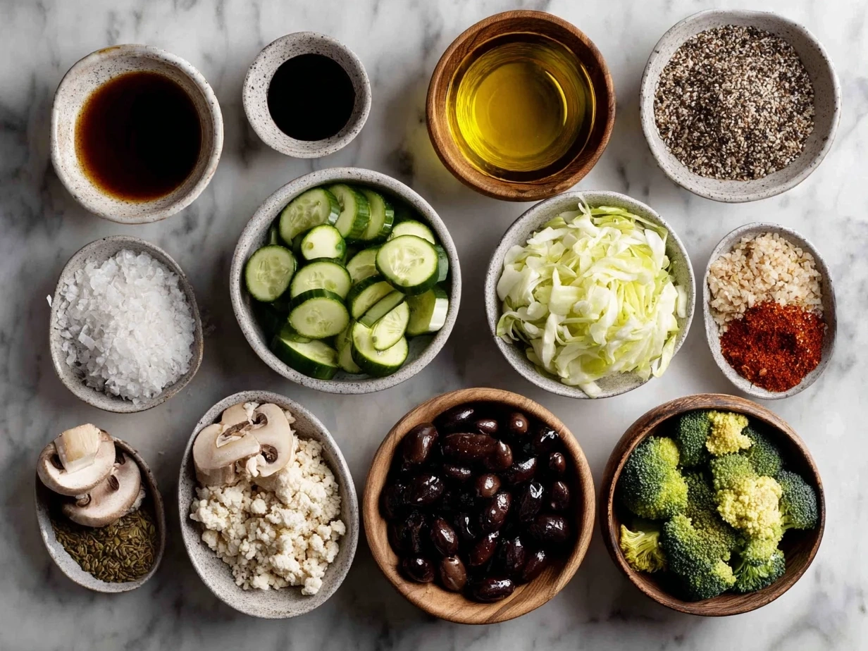 Top down view of raw ingredients arranged for making a fresh veggie wrap including tortillas, lettuce, cucumbers, carrots, and red pepper