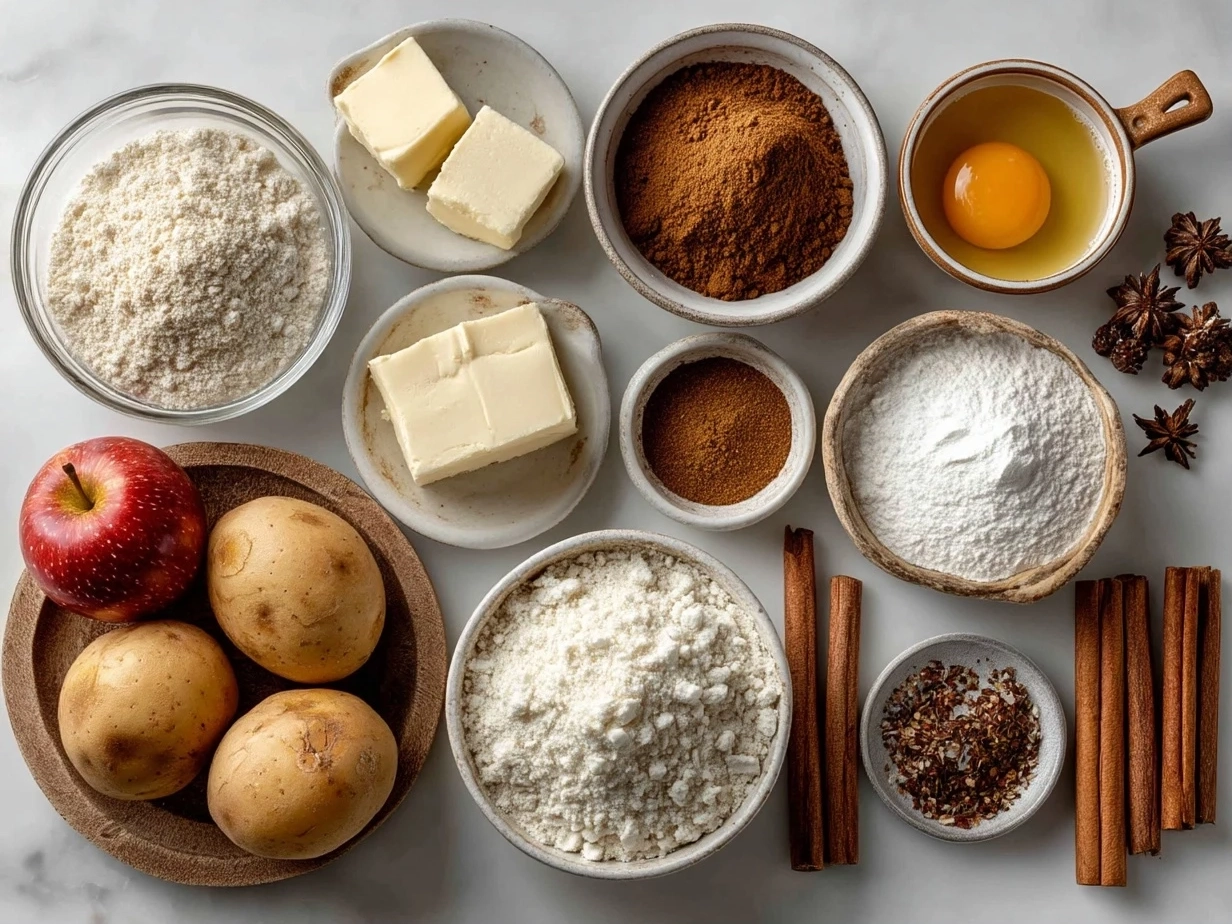 Top down spread of ingredients for Ginger-Spiced Apple Holiday Bake