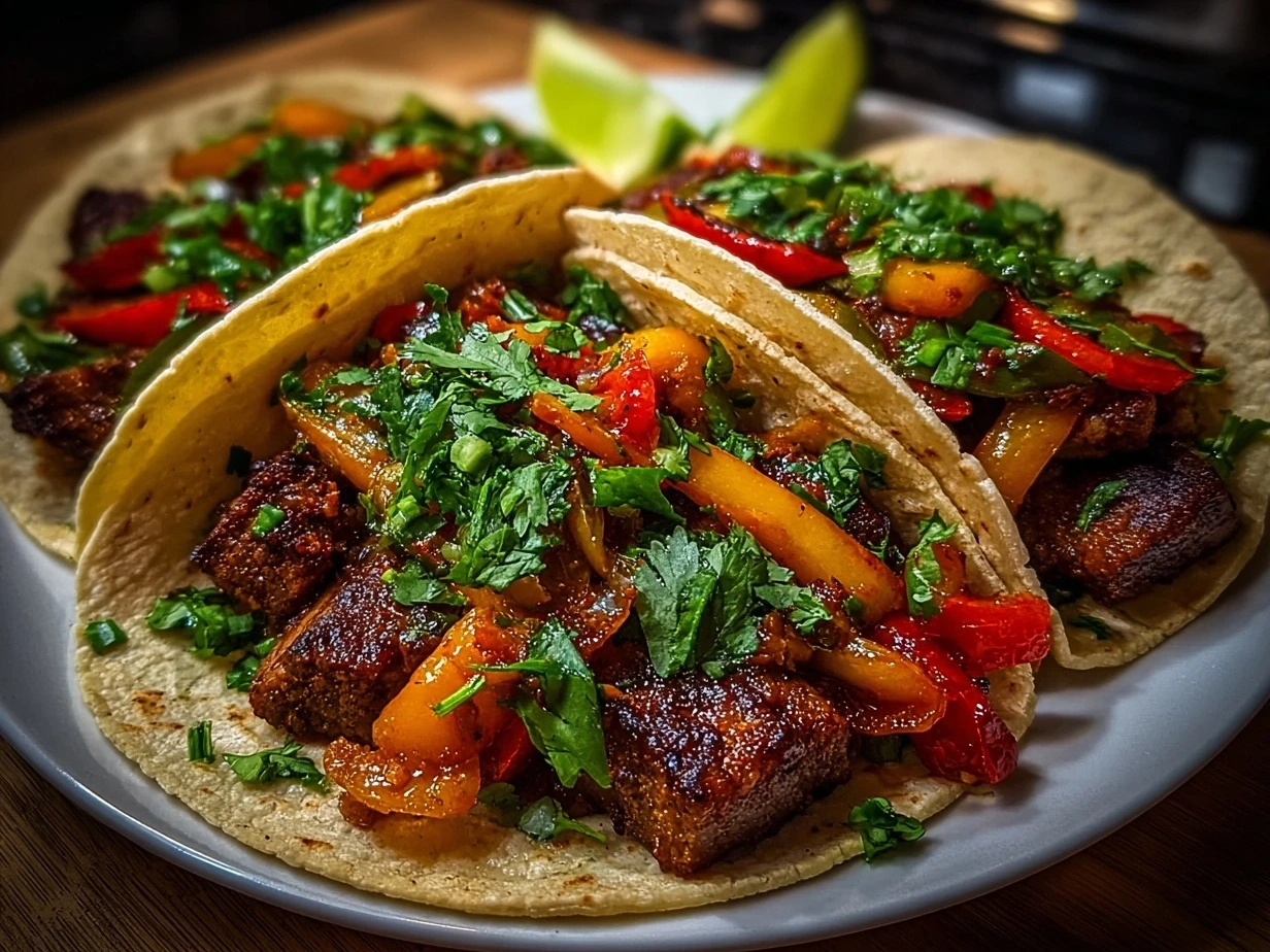 Completed Vegan Fajitas plated with tortillas, peppers, tofu, and garnished with lime and cilantro