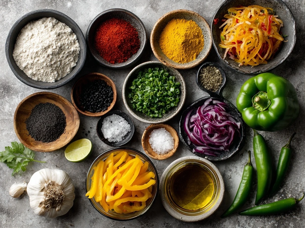 Ingredients for Vegan Fajitas including sliced bell peppers, tofu strips, and spices