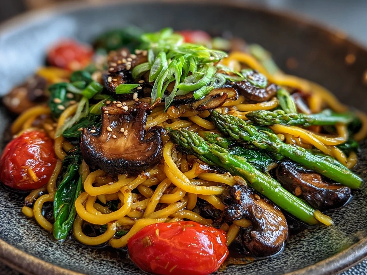 Finished Vegan Teriyaki Noodle Bowl served in a bowl with green onions and sesame seeds garnish
