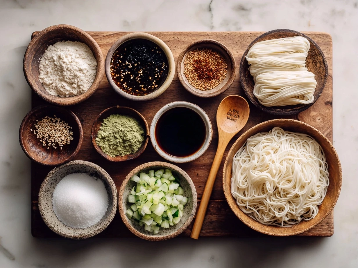 Ingredients for Vegan Teriyaki Noodle Bowl laid out on a kitchen counter