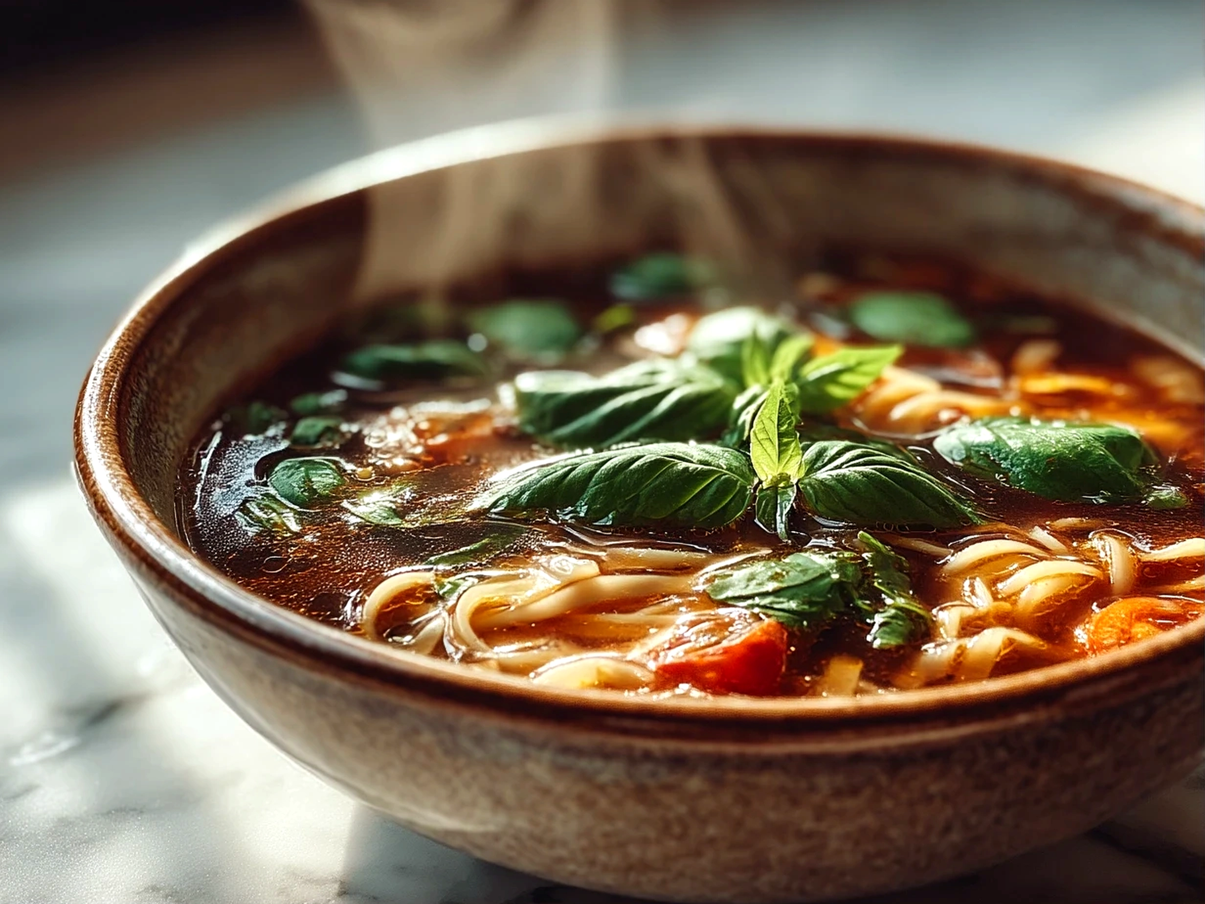 Warm bowl of Tomato Basil Noodle Soup
