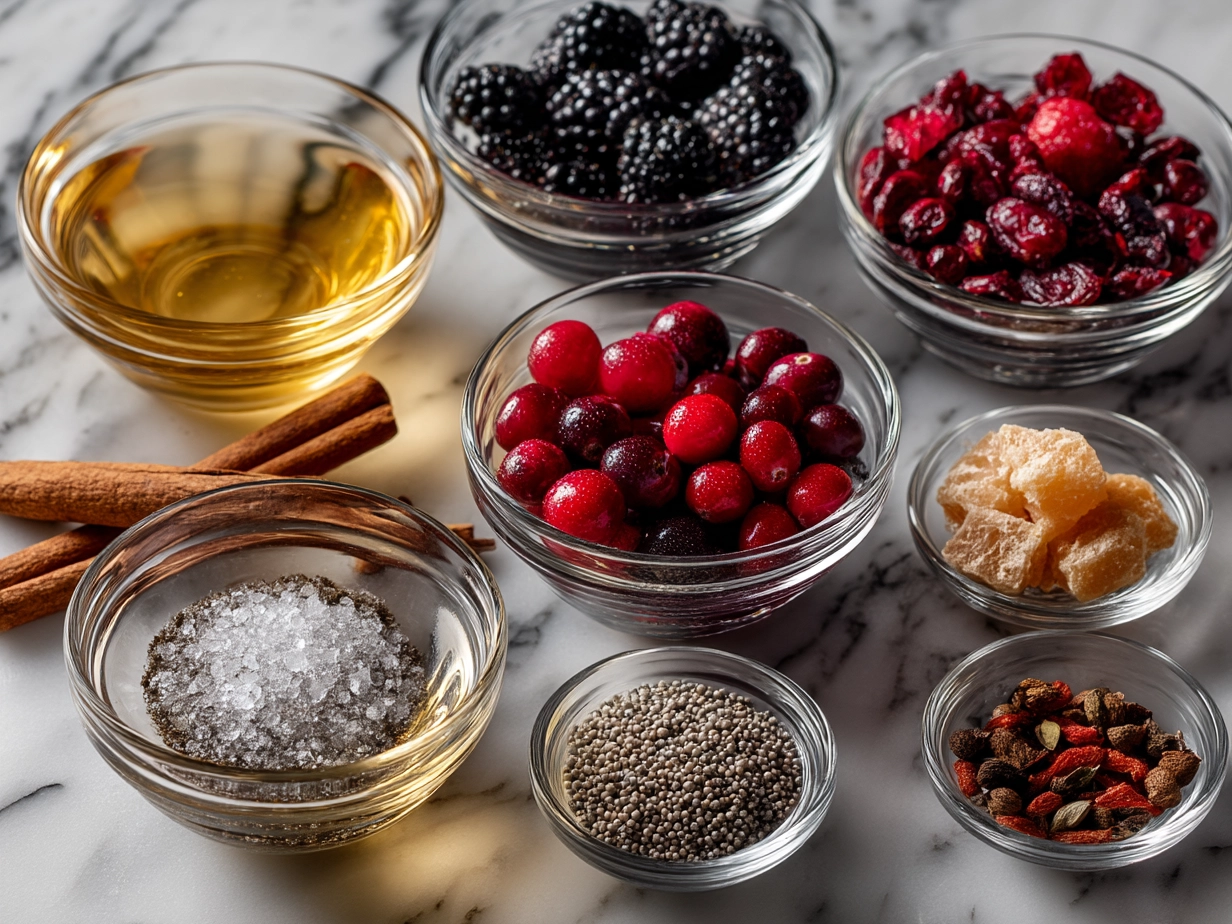 Ingredients for Winter Berry Punch including mixed berries and juices