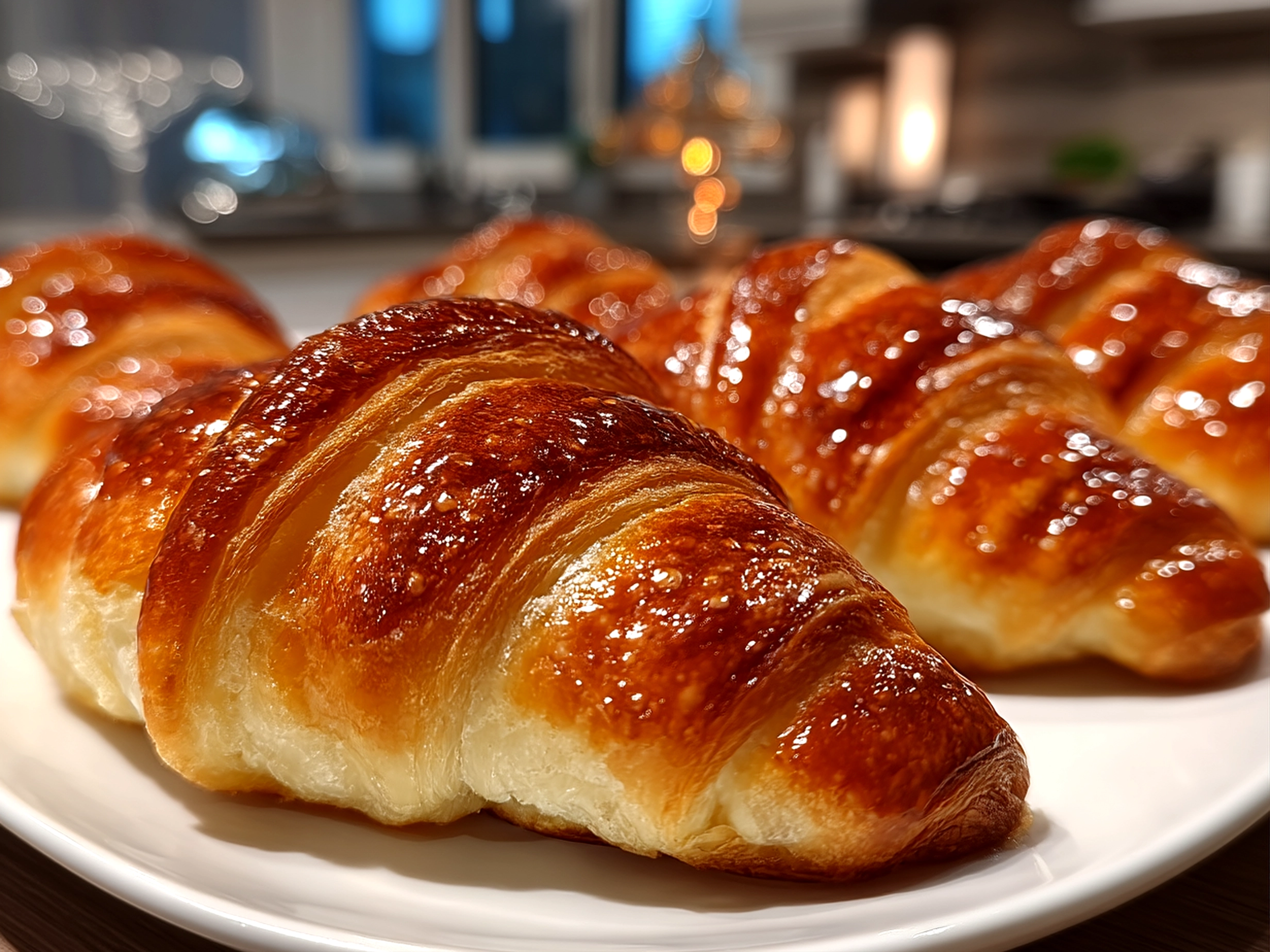 Close up of finished beautiful French Croissant warm and appetizing