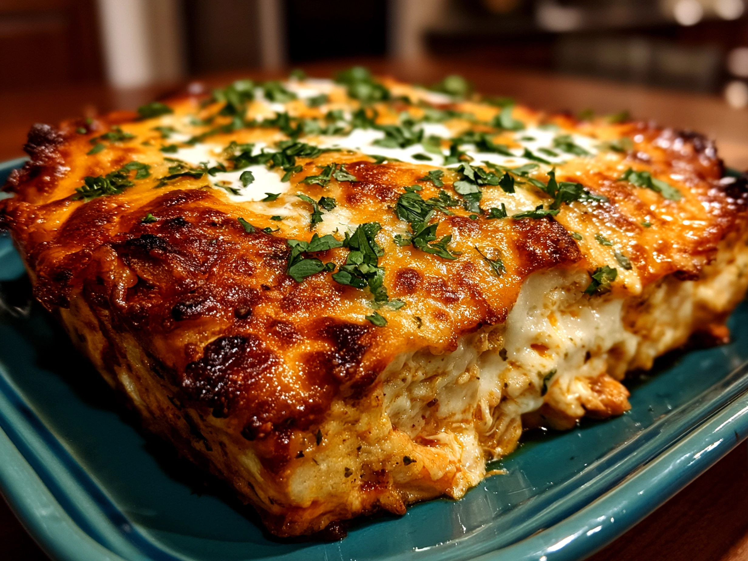 Close up of finished beautiful shredded chicken enchilada casserole, fresh and vibrant