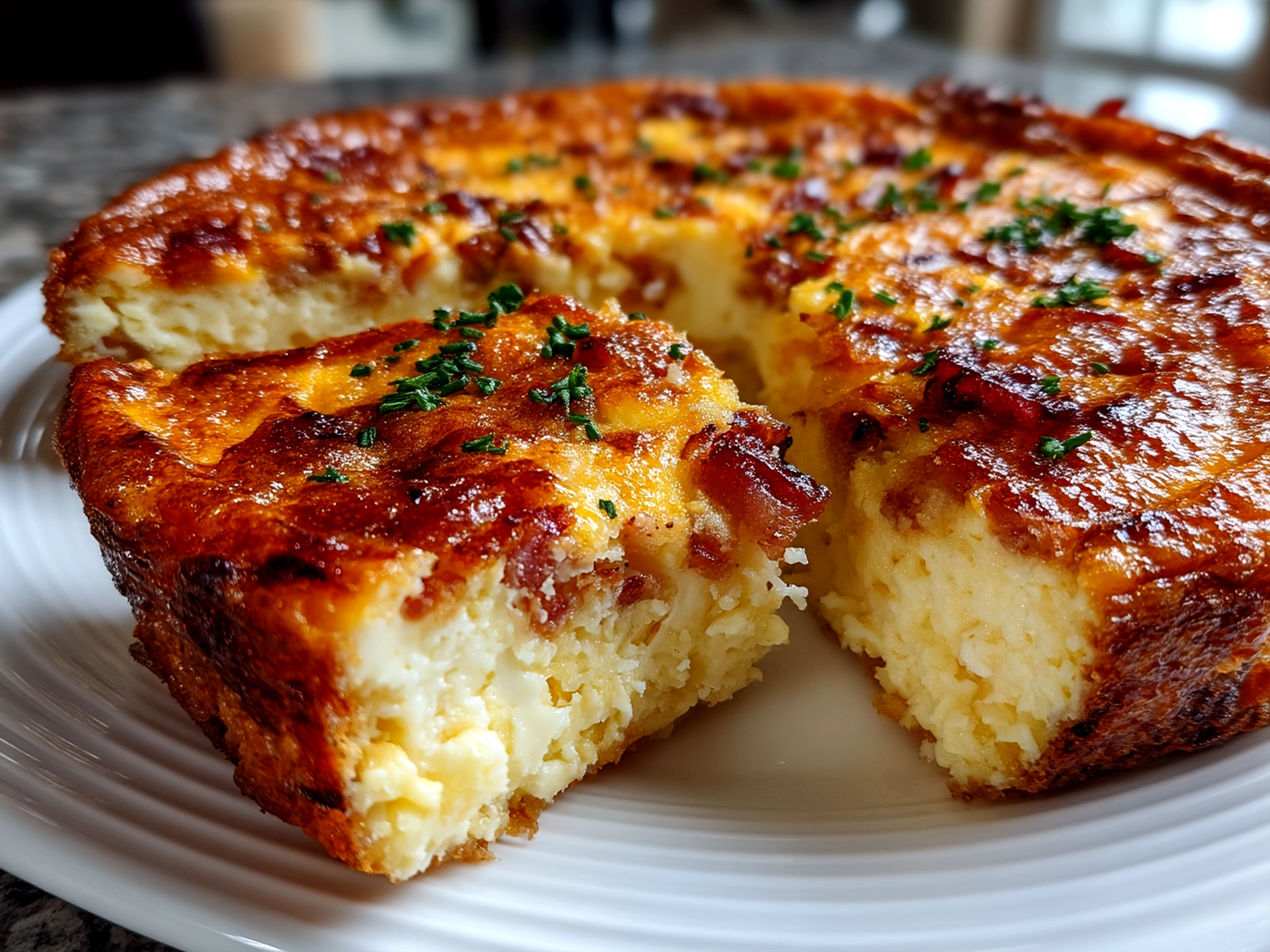 Close-up of finished comforting crustless bacon cheese quiche ready to serve