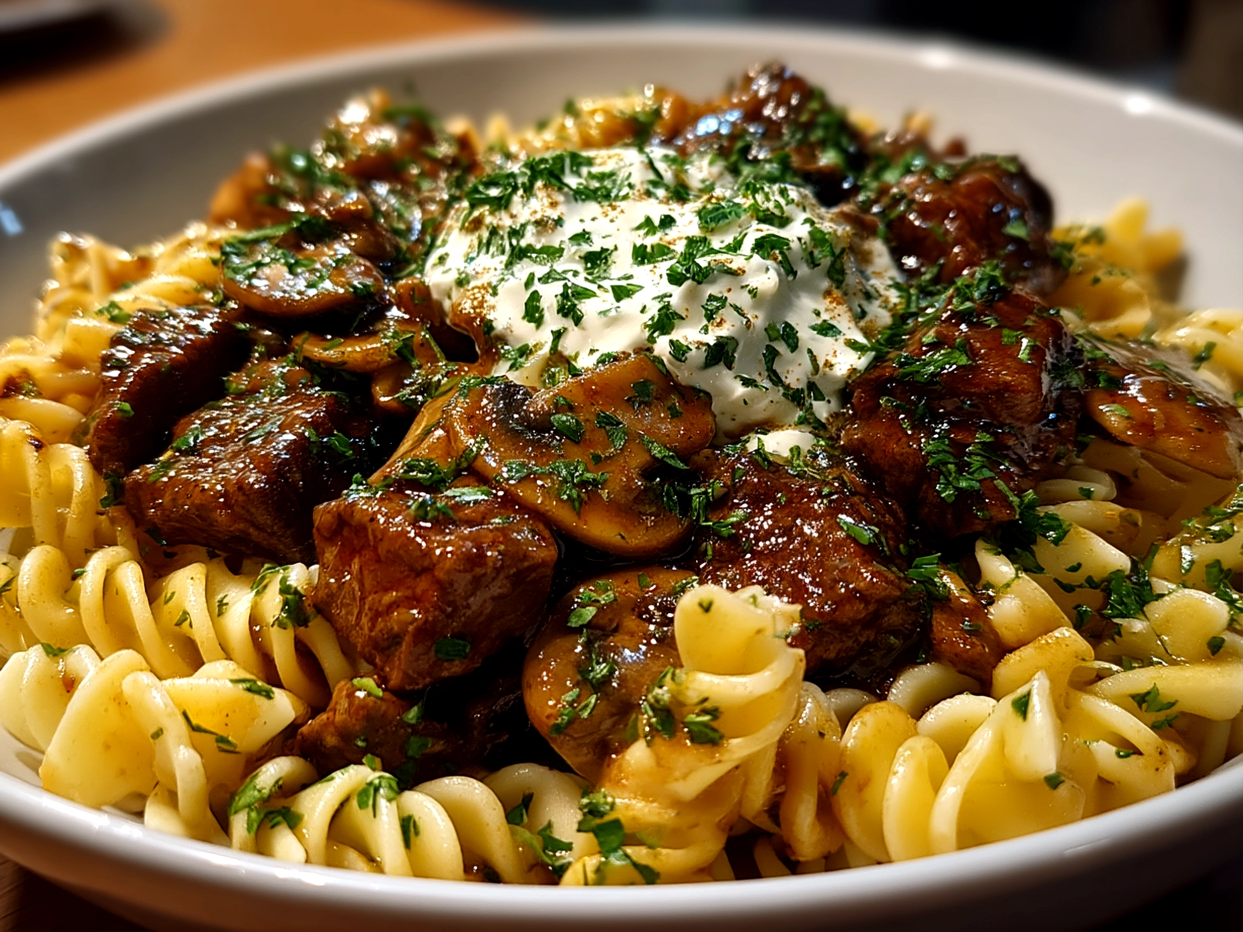 Close-up of a comforting and creamy Gordon Ramsay Beef Stroganoff finished and served