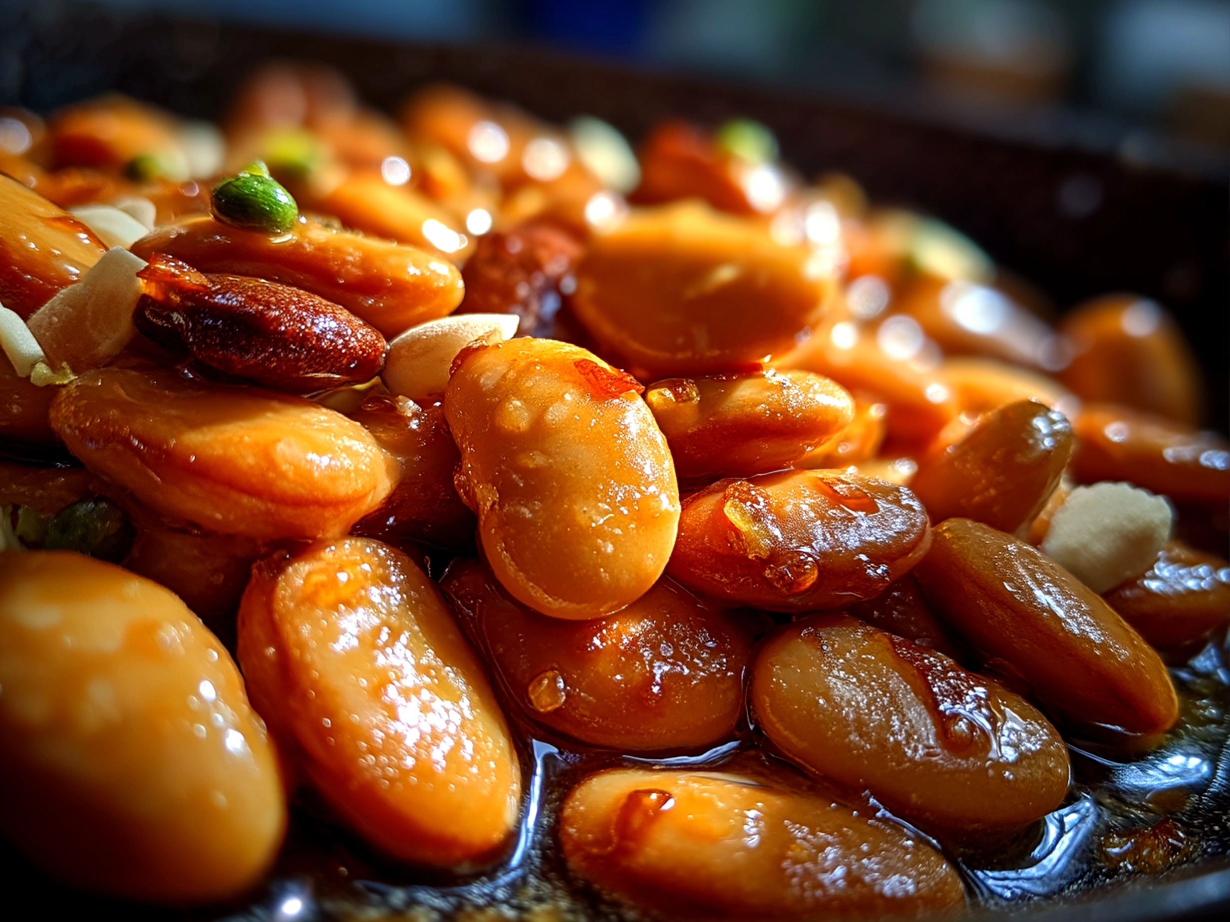 Close-up finished comforting creamy miso butter beans in kitchen setting